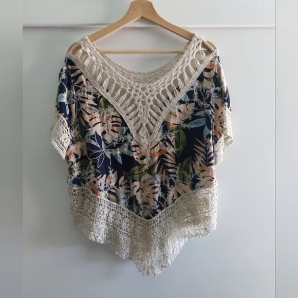 Floral Crocheted Tunic Top blouse Medium Multicolored Boho Coastal - Picture 2 of 7